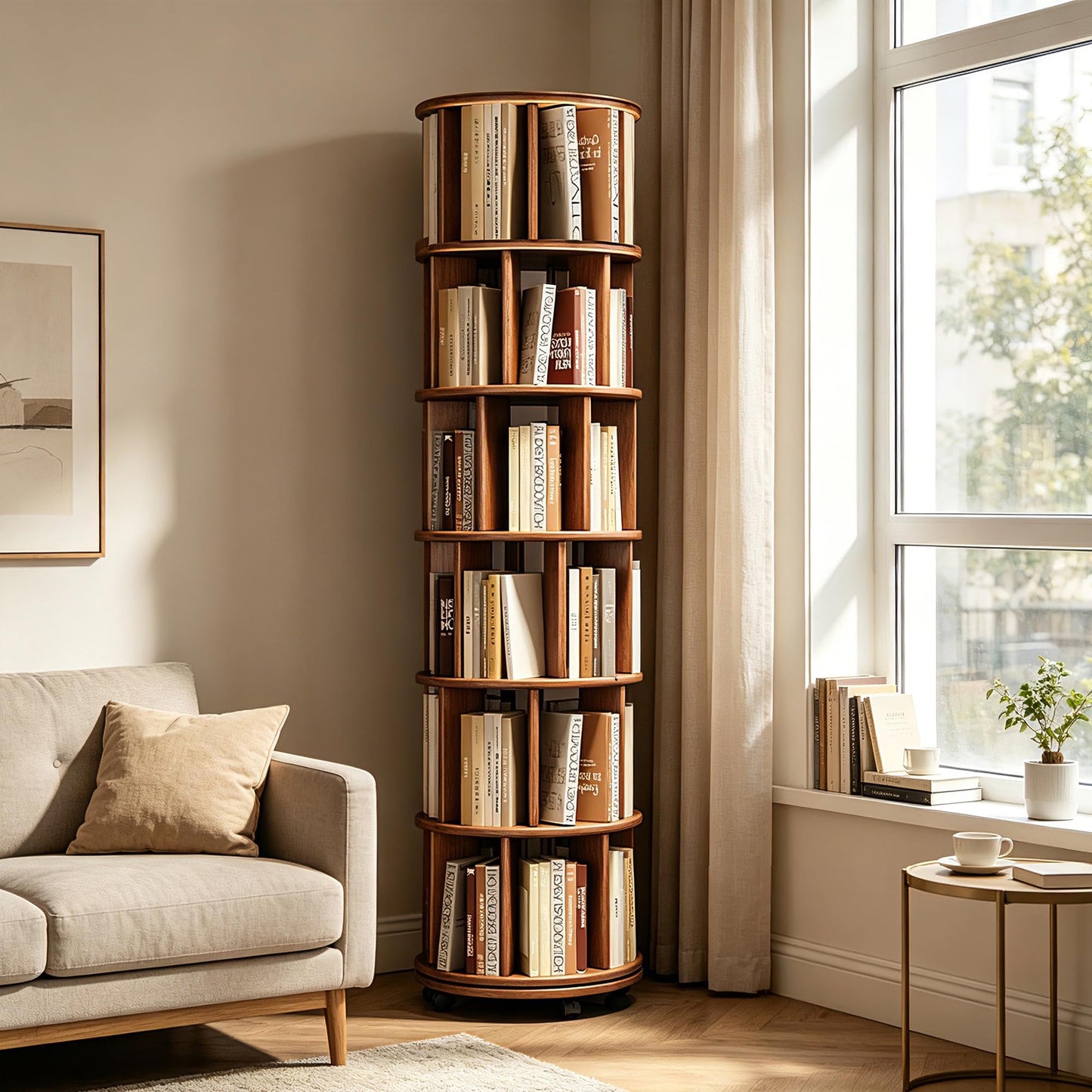 6-Tier Rubberwood Rotating Bookshelf, 360° Spinning Bookcase with Lockable Wheels, Space-Saving Freestanding Corner Storage Rack, Walnut Finish, 17.3"D×17.3"W×78.5"H for Living Room Office Bedroom