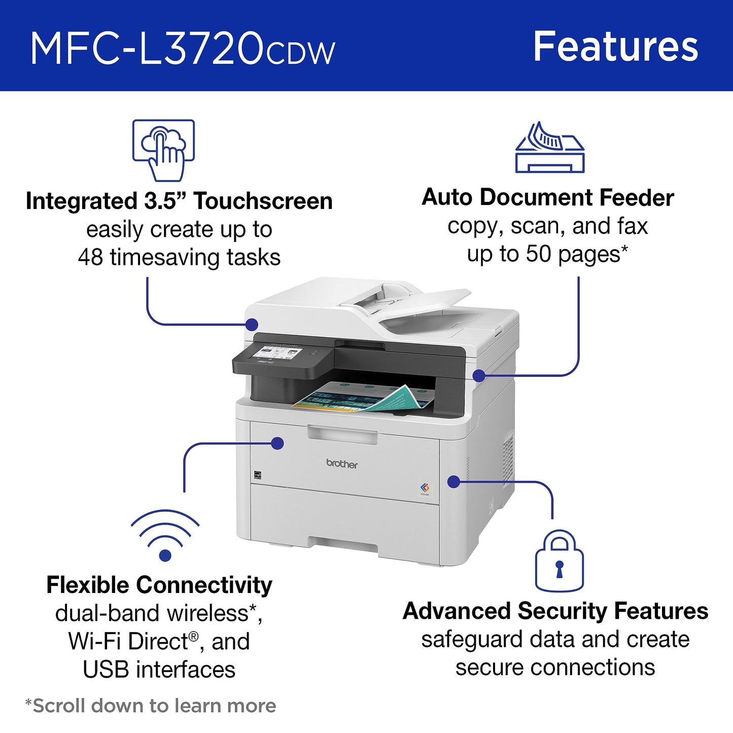 Brother MFC-L3720CDW Wireless Color Laser Printer with Scanner, Copier and Fax | Auto Duplex and 250-Sheet Capacity | Includes Refresh Subscription Trial(1). Amazon Dash Replenishment Ready