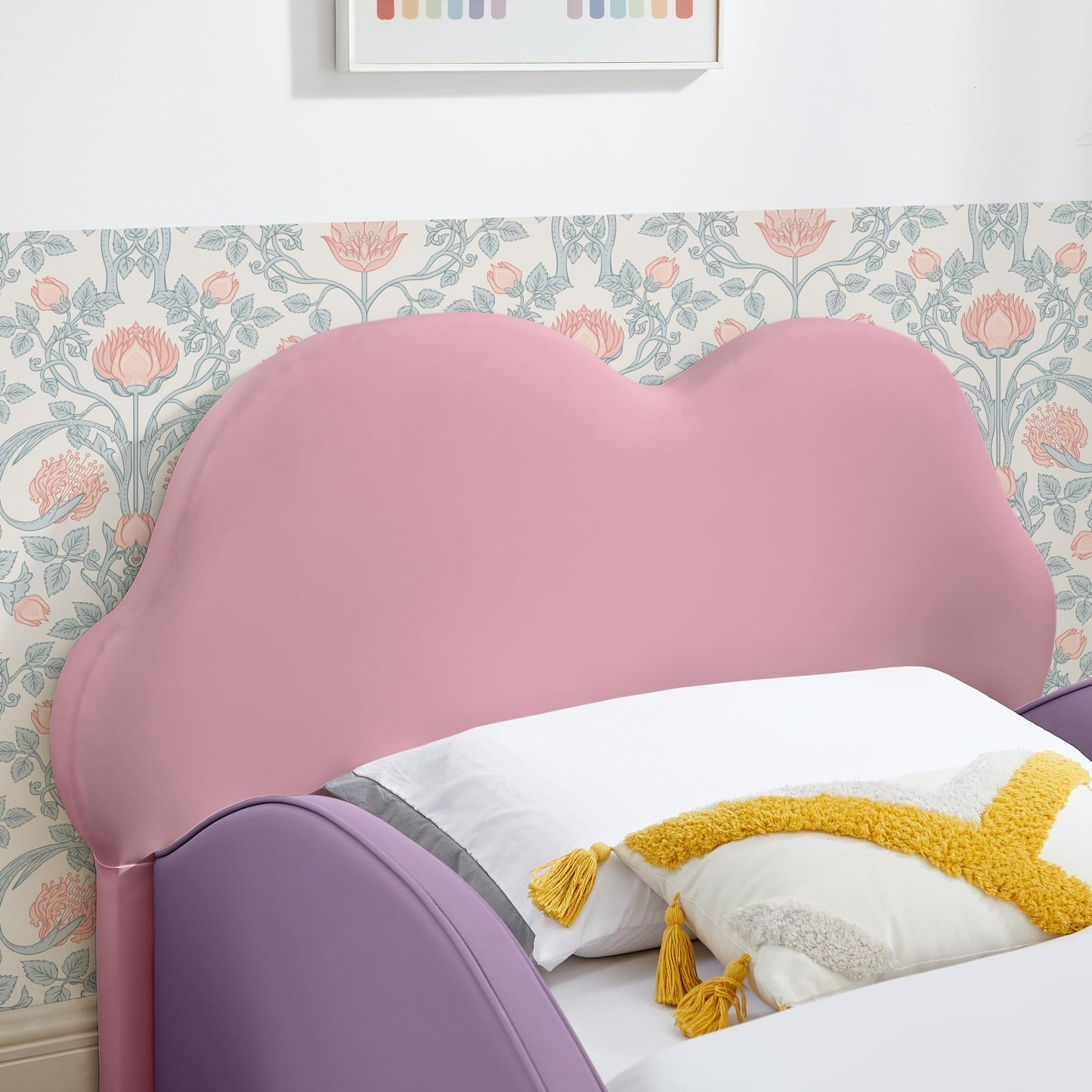 KEIKI Twin Size Upholstered Platform Bed Frame with Cute Cloud-Shaped Headboard & Pocket, for Boys and Girls, PU Leather Bed with High Guardrail & Slats, No Box Spring Required, Easy Assembly, Pink