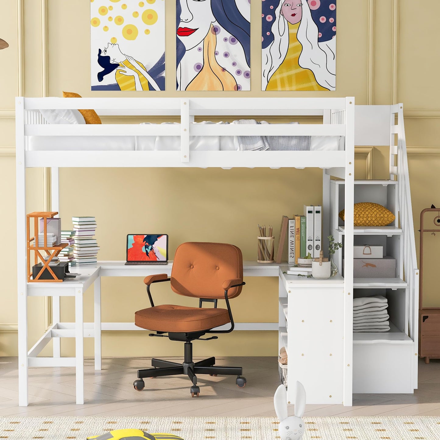 Merax Solid Pine Wood Full Size Loft Bed Frame with Built-in L Shaped Desk & Three-Tier Shelves & Attached Storage Staircase for Kids, Loft Bed with Large Under-Bed Space, No Box Spring Needed, White