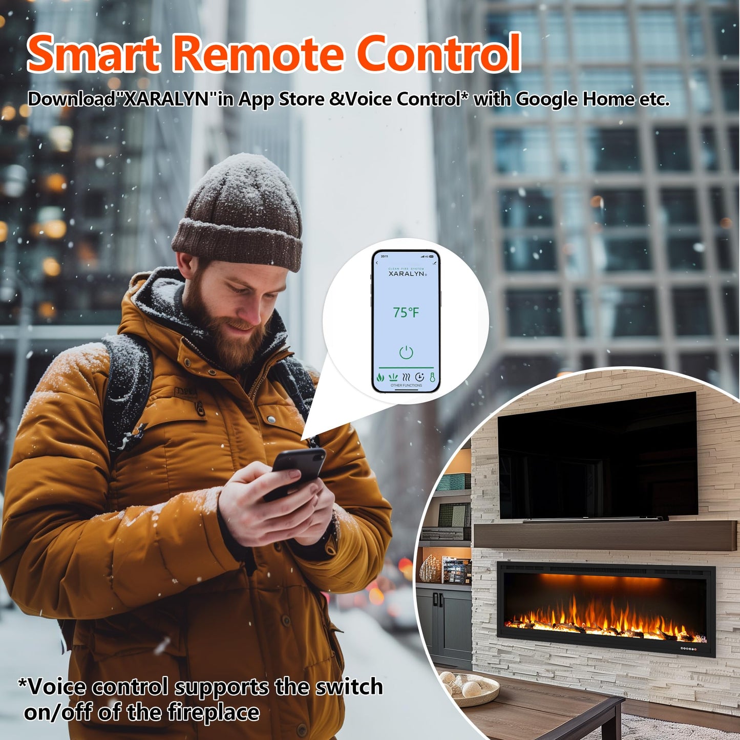 42 inch Smart Electric Fireplace WiFi-Enabled, Recessed &Wall Mounted Fireplace Inserts, Multicolor Flame w/Realistic Log &Crystals, Thermostat& Overheating Protection,Timer, 750W/1500W, Black