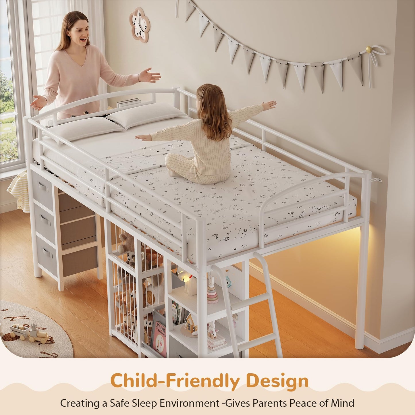 Low Loft Bed Twin Size with 4 Storage Drawers and LED Lights, Twin Loft Bed with Sling Bookcase & Toy Storage, Kids Twin Beds with Anti-Collision Pad & Play Curtain, Under-Bed Play Space, White+Grey