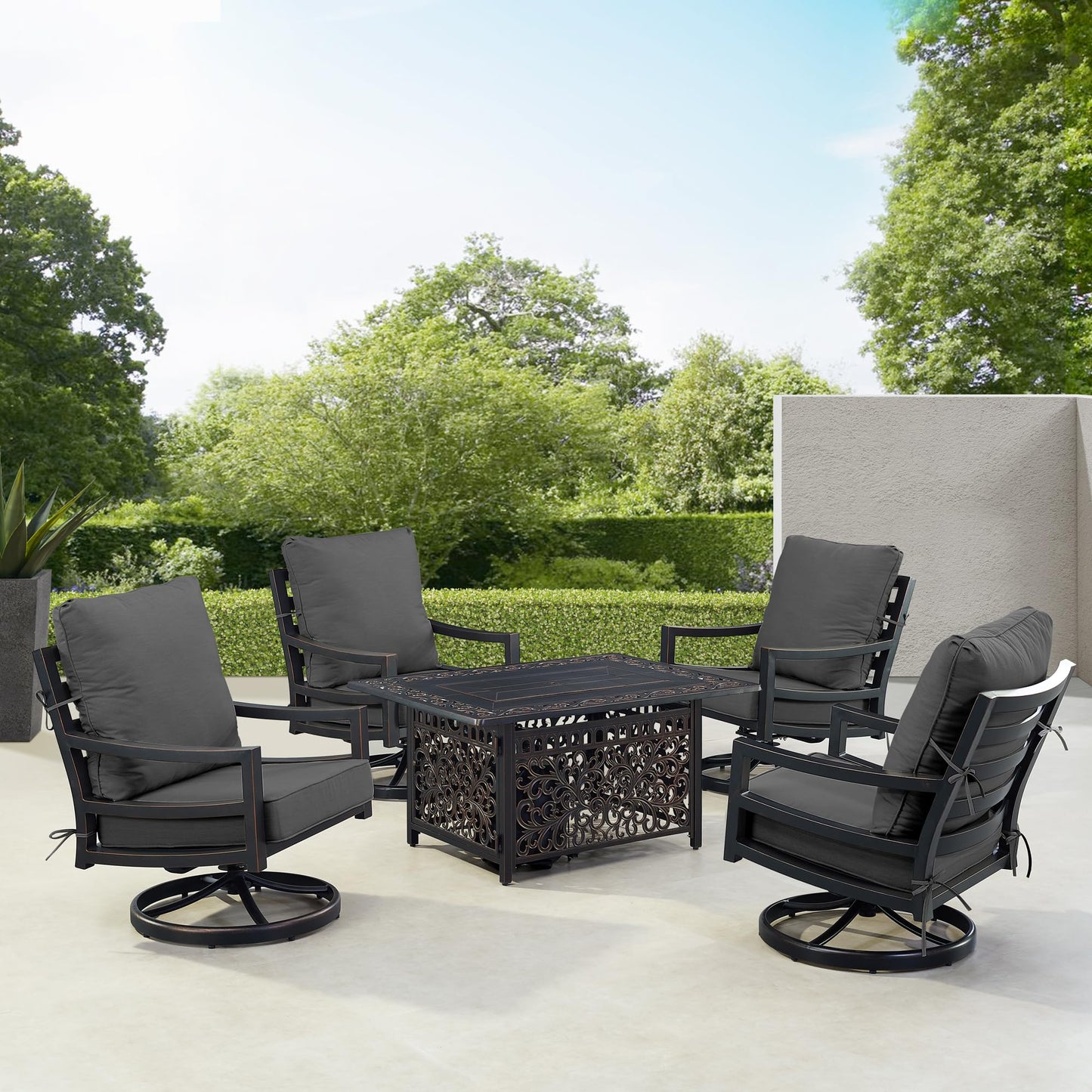Oakland Living Black Aluminum Patio Fire Table Set with Four Club Chairs with Black Cushions