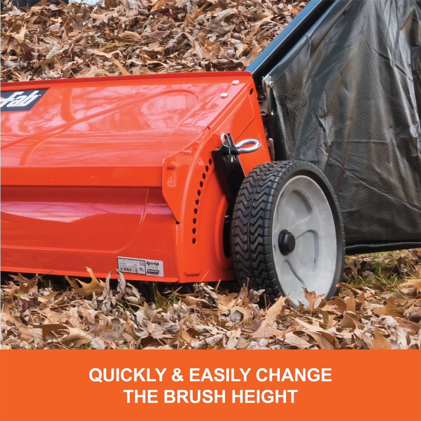 Agri-Fab 44 In Tow-Behind Lawn Sweeper with 28 Cu Ft Flow-Through Hopper Bag, Adjustable Brush Height, and Dump From Seat Handle