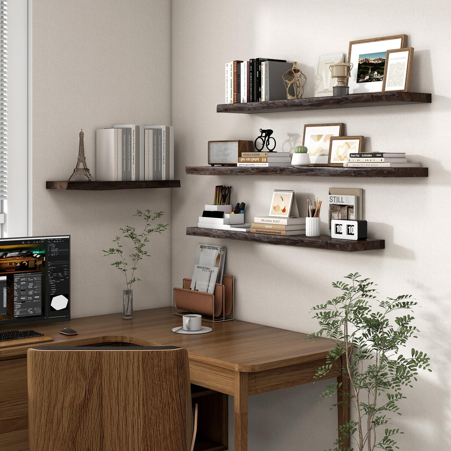 Axeman 72 inch Extra Long Floating Shelves for Wall - 8'' D Live Edge Rustic Solid Elm Wood Floating Shelves Wall Mounted, Wall Shelves with Invisible Bracket for Living Room Bedroom Kitchen, Walnut