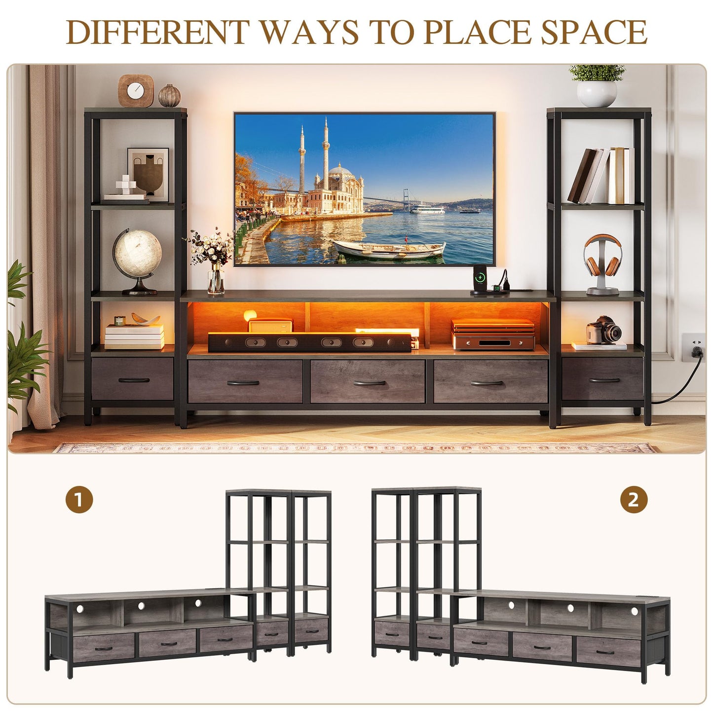 YITAHOME Modern TV Stands for 65 inch TVs, Entertainment Center with Drawers and Bookshelves, LED TV Console Cabinet with Power Outlets for Living Room, Grey