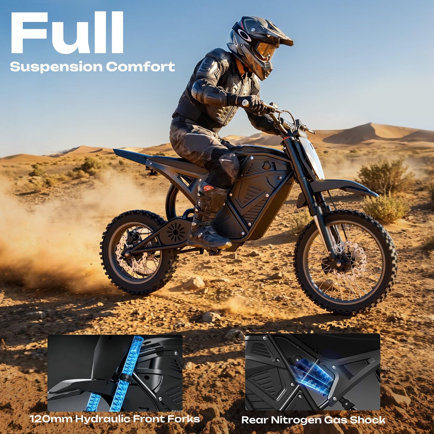 Windone RM7 Pro Electric Dirt Bike, 60V 20.8Ah, 45MPH Max Speed Electric Motorcycle, 4000W Ebike, 14"/12" Off-Road Tire E-Bike, Dual Hydraulic Brakes, Full Suspension, Fit Age 13+, Black