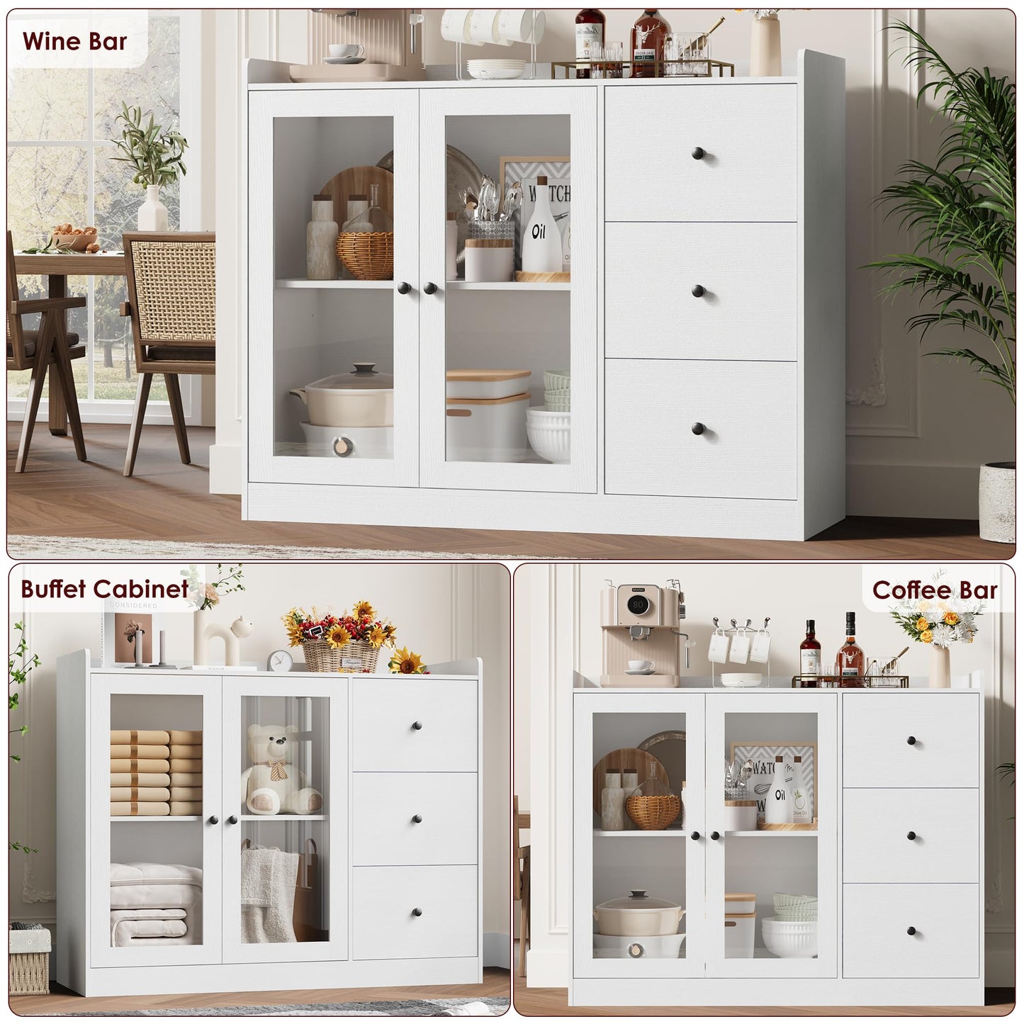IDEALHOUSE Buffet Cabinet with Storage, 43" Modern Sideboard Kitchen Cabinet with Guardrail Design & Adjustable Shelves & 3 Drawers, Wood Buffet Table for Kitchen, Dining Room, White