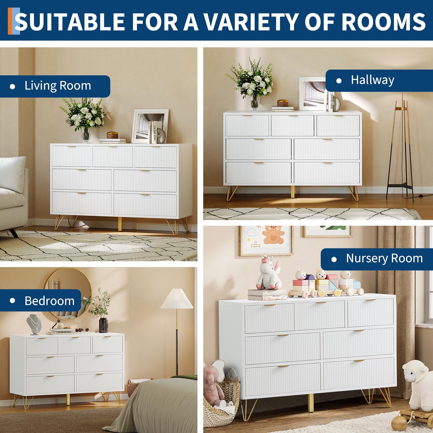 7 Drawer Dresser, 47.2" Wide Modern White Dresser for Bedroom, Wooden Chest of Drawer with Gold Metal Legs and Handles, Narrow Entryway Table Storage Organizer for Living Room, Hallway, Entryway
