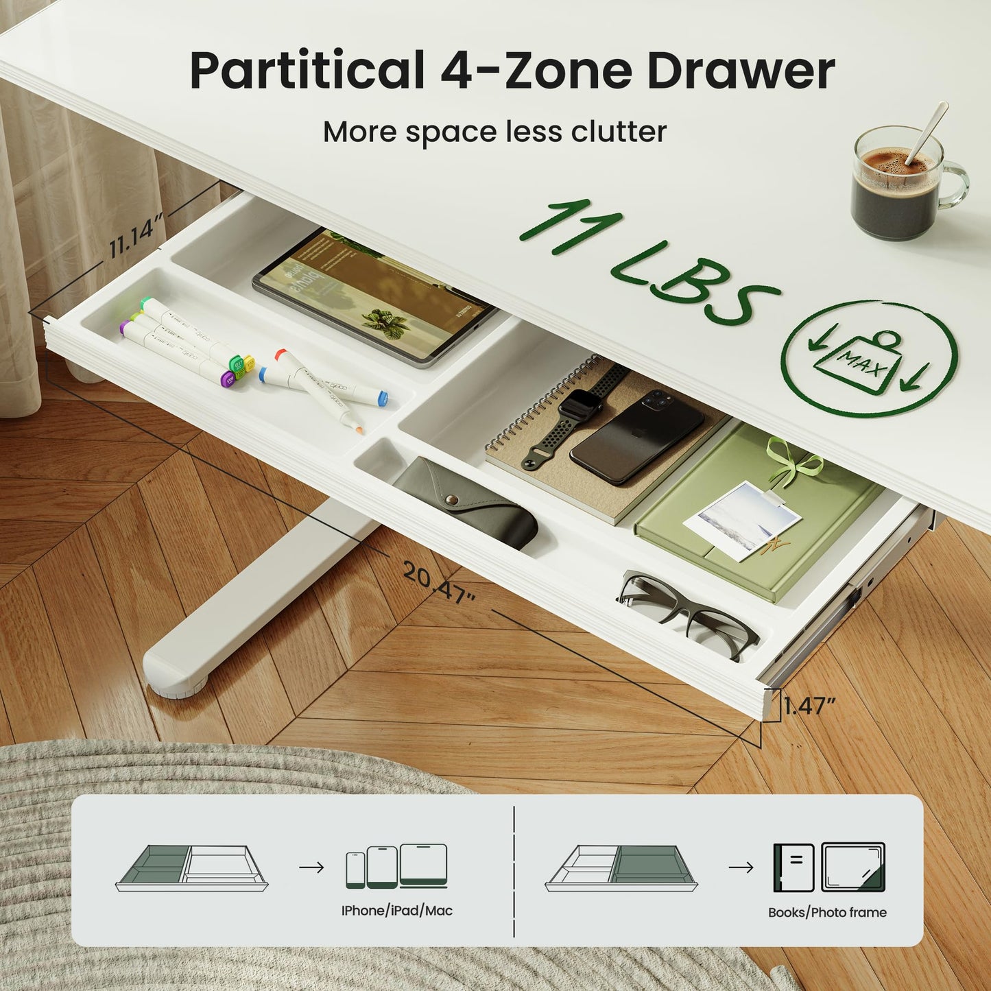 CubiCubi 48x24 Standing Desk with Glass Top, Height Adjustable Computer Desk with Drawer, One-piece Rising Home Office Desks with Positon Memory, Sit Stand Up Electric Workstation Table, White