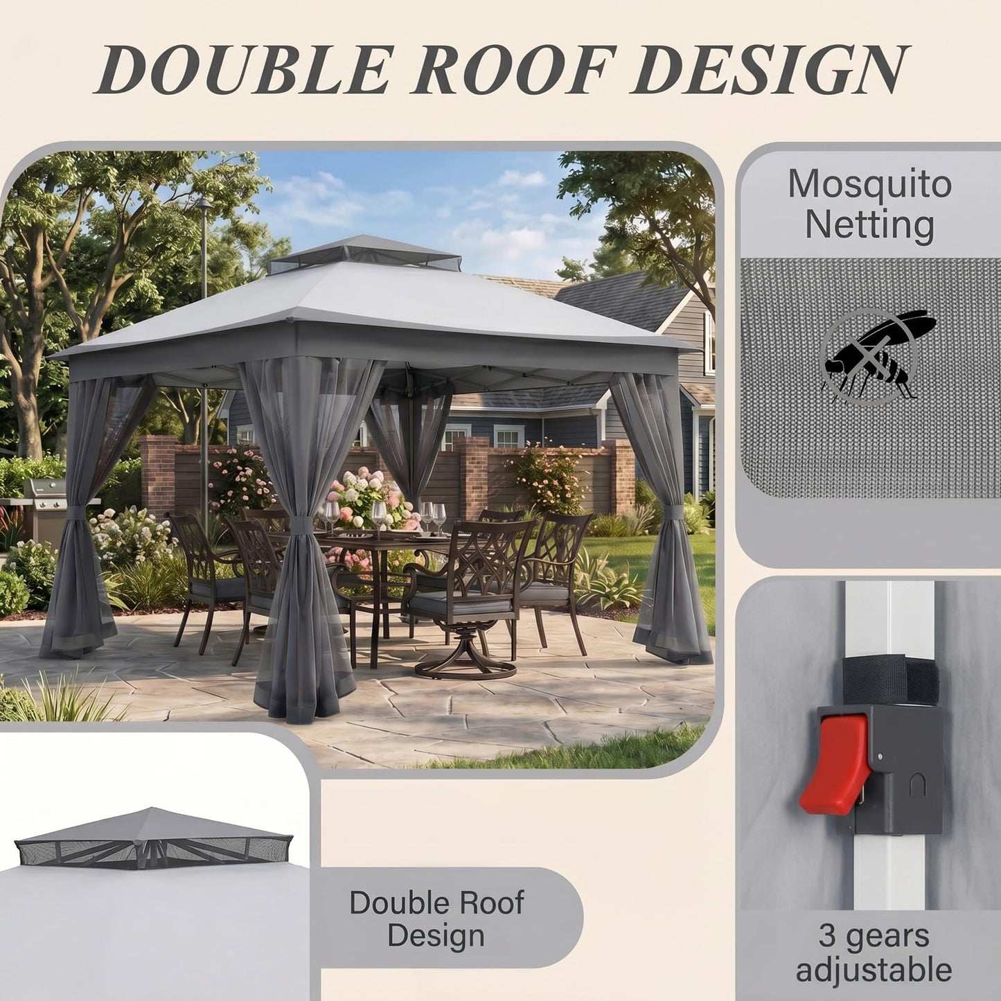 11x11 Pop Up Gazebo, Instant Waterproof Outdoor Canopy Tent with Removable Mesh Netting, UV Protection Portable Sun Shelter with Wheeled Cover Bag for Patio Backyard, Gray
