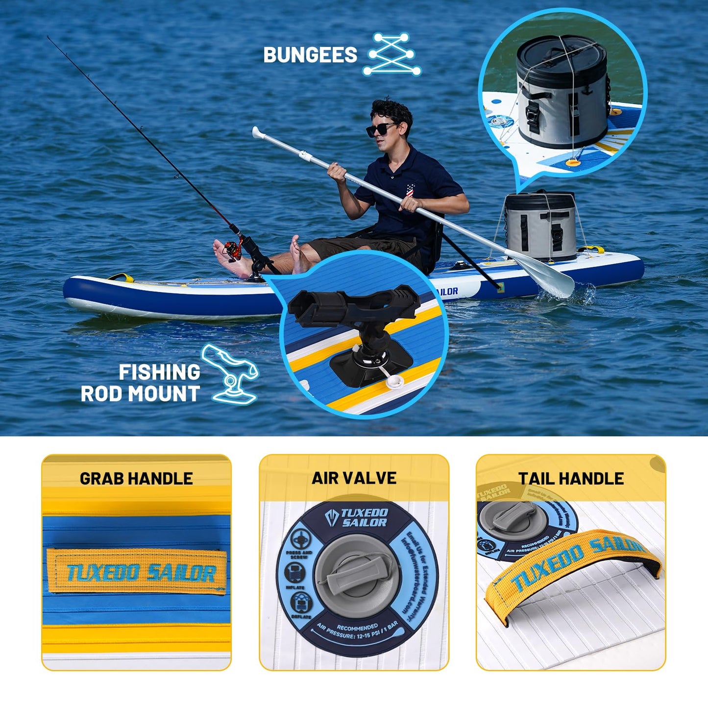 Tuxedo Sailor Large Size Inflatable Fishing Kayak 12'×34"×6" Ultra-Light Paddle Board, Stand Up Paddle Board Complete Accessories, Fishing Support Bases, Kayak Seat etc