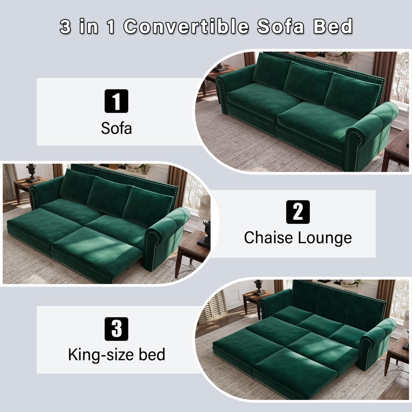 Ball & Cast 3-in-1 Convertible Sofa Bed,93.7" Velvet Pull Out Couch Bed King Size, Loveseat Sleeper Sofa with Nailhead Trim & Rolled Arm,Multi-Functional Sofa Couches for Living Room,Green