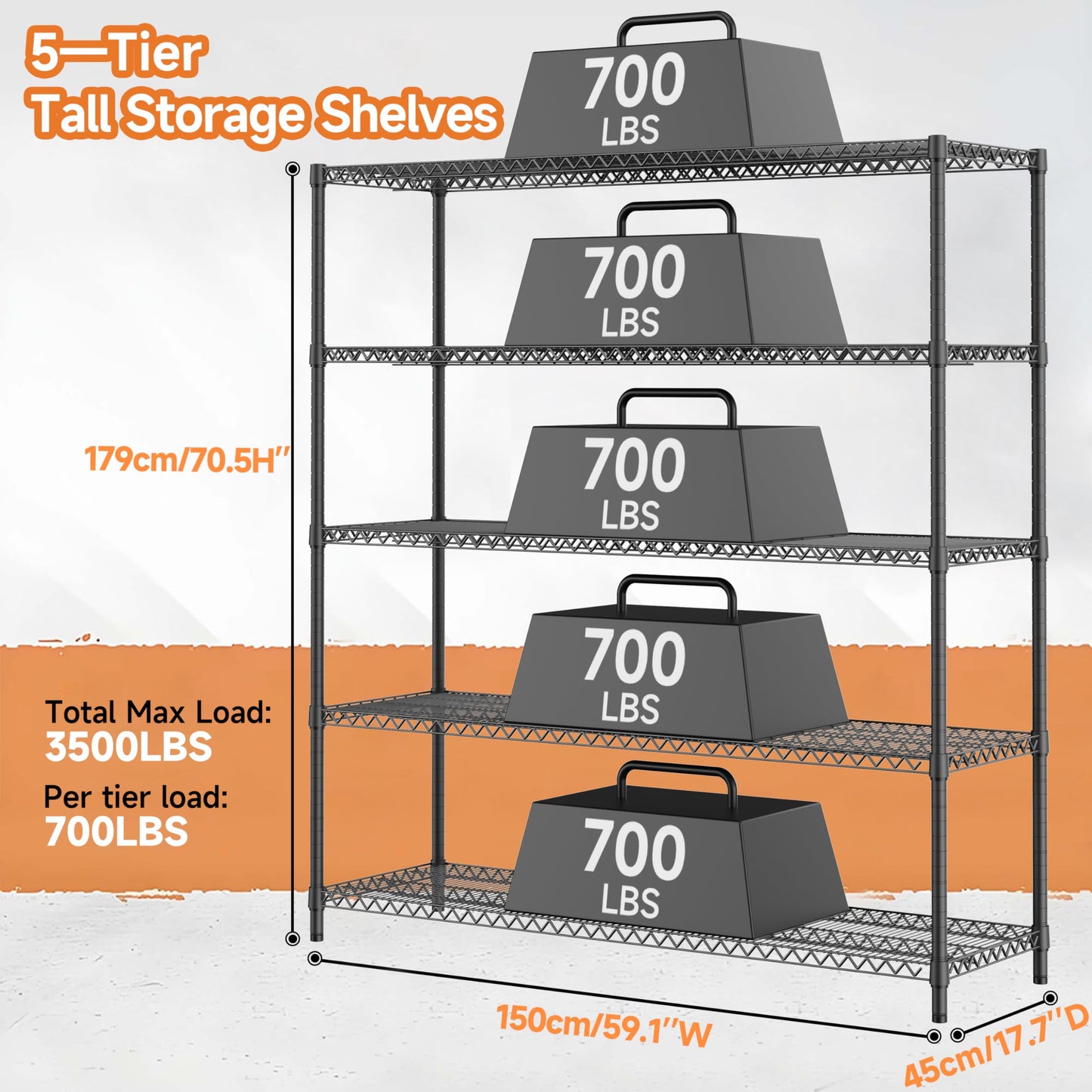 M MZG 3500LBS 59" W 5 Tiers Storage Shelves, Metal Shelving Wire Metal Shelving Unit Shelves for Storage Adjustable Garage Shelving for Pantry Kitchen Garage Black 17.7" D x 59.1" W x 70.4" H