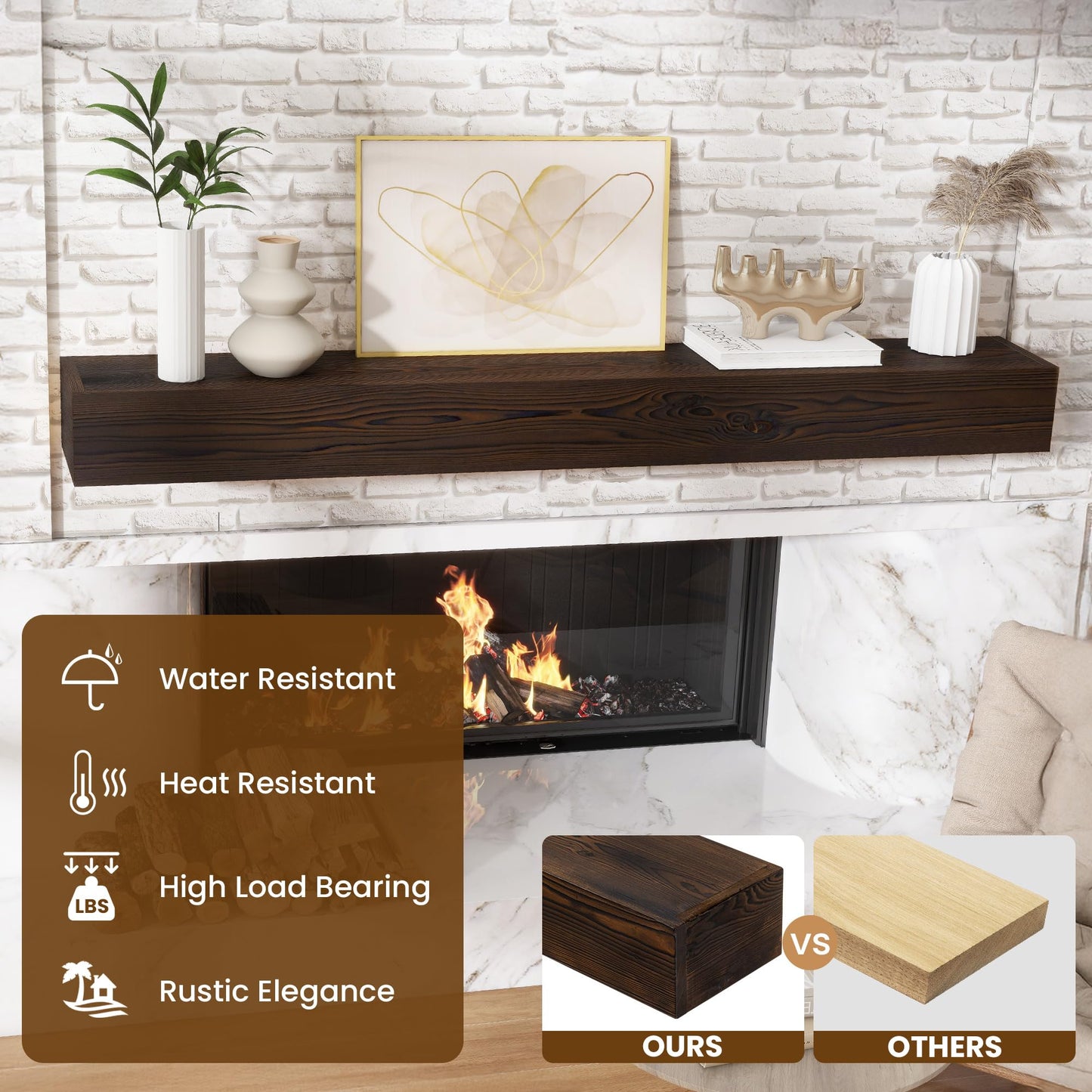 Acovy Floating Fireplace Mantel Shelves, 72x8x5 Inches Natural Wooden Floating Shelf for Over Fireplace, Wall-Mounted Mantel Shelf for Living Room and Home Decor, Rustic Brown