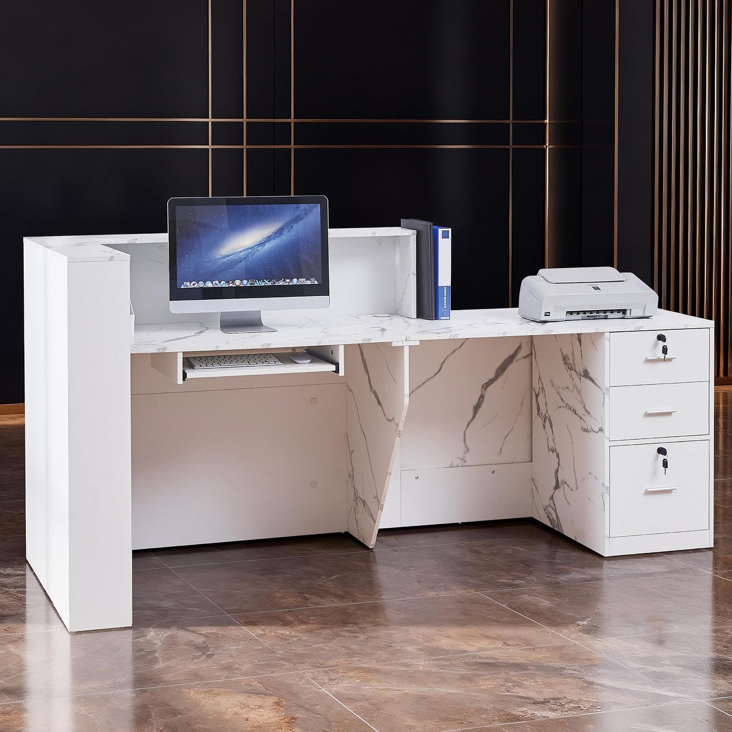 Zethvax L-Shaped Reception Desk,Large Front Desk with Keyboard Tray, Lockable Drawers & File Cabinet, Receptionist Desk for Checkout,Lobby and Beauty Salon