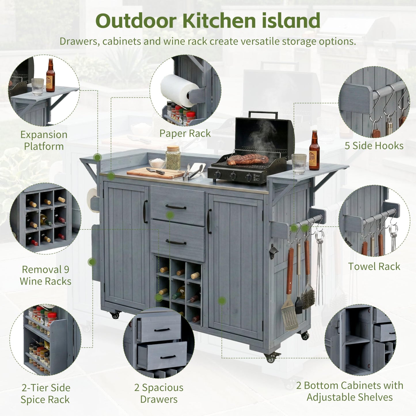 Merax 60.2''W Outdoor Kitchen Island on Wheels with Stainless Steel Top, Wood Rolling Patio Grill Cart with Storage Cabinets, Drawers, Spice Rack & Wine Rack, Outdoor Grill BBQ Prep Table, Gray