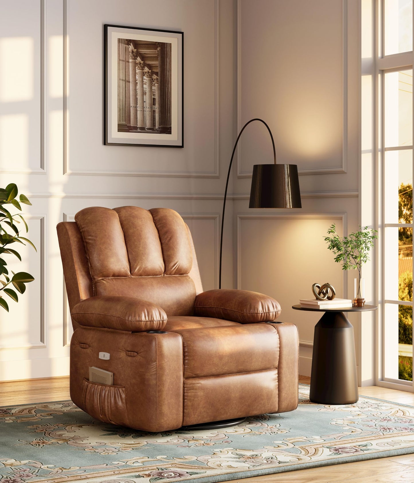 IDEALHOUSE Power Recliner Chair with Massage and Heat, Leather Fabric Reclining Sofa Chair, 360° Swivel Recliner Chairs with Cup Holder for Living Room, Bedroom, Nursery, Retro Brown