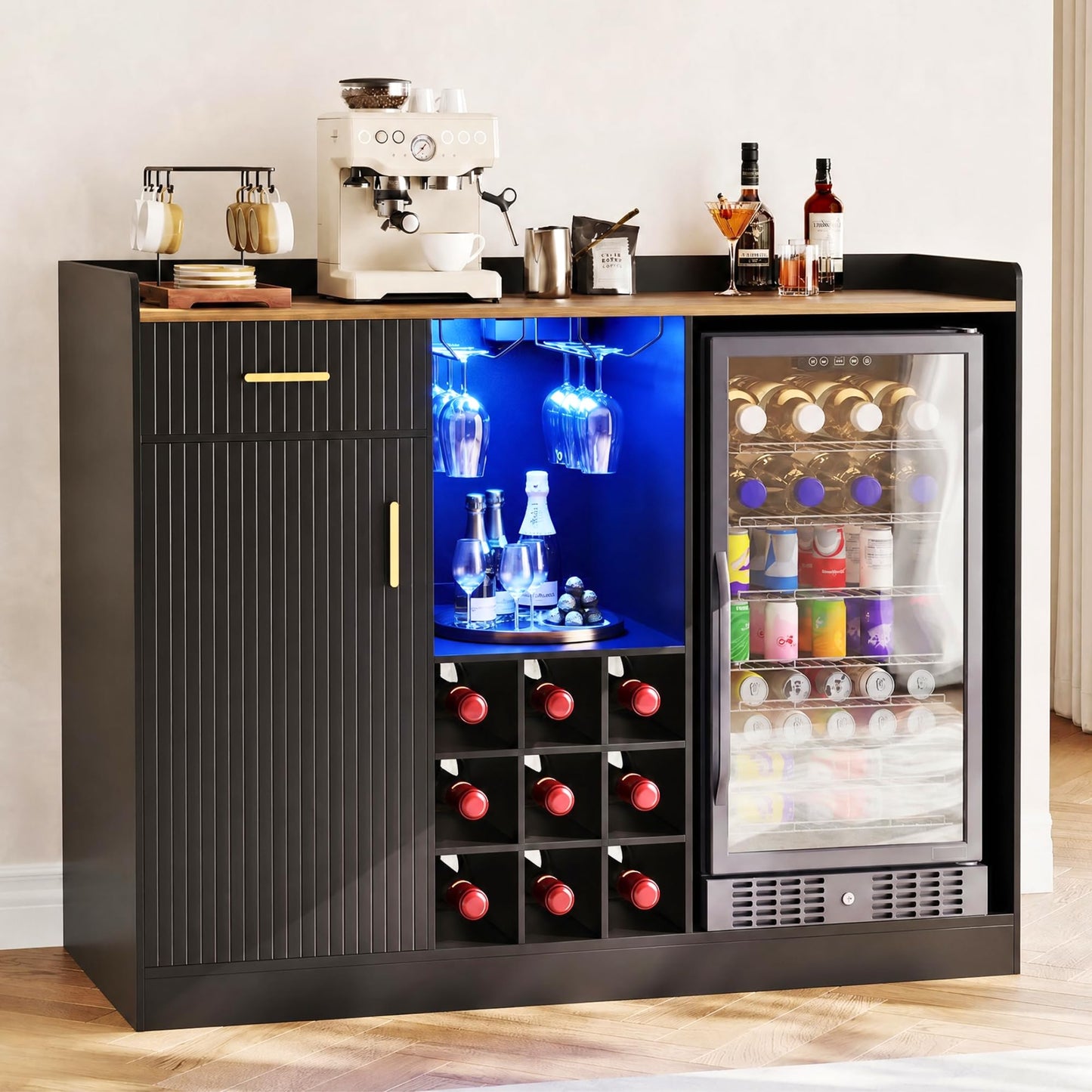 Garvee Coffee Bar Cabinet with Fridge Space, Wine Cabinet with Glass Holder, Power Outlet & LED Light, Fluted Buffet Sideboard for Home Bar, Living Room, Black
