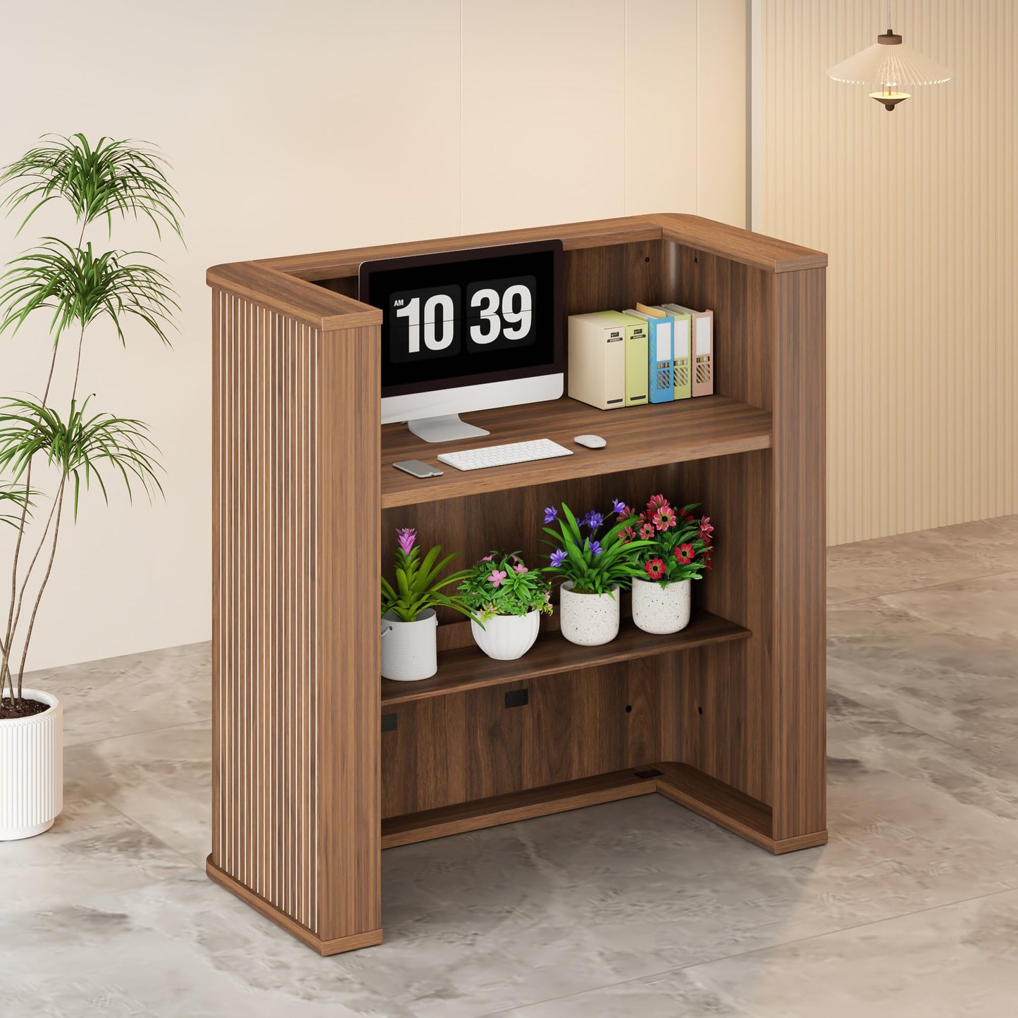42.1 Inches Reception Desk,Fluted Round Corner Modern Reception Table,Front Counter Table,for Salons, Offices Lobbies Retail Stores and Home Offices (Walnut)
