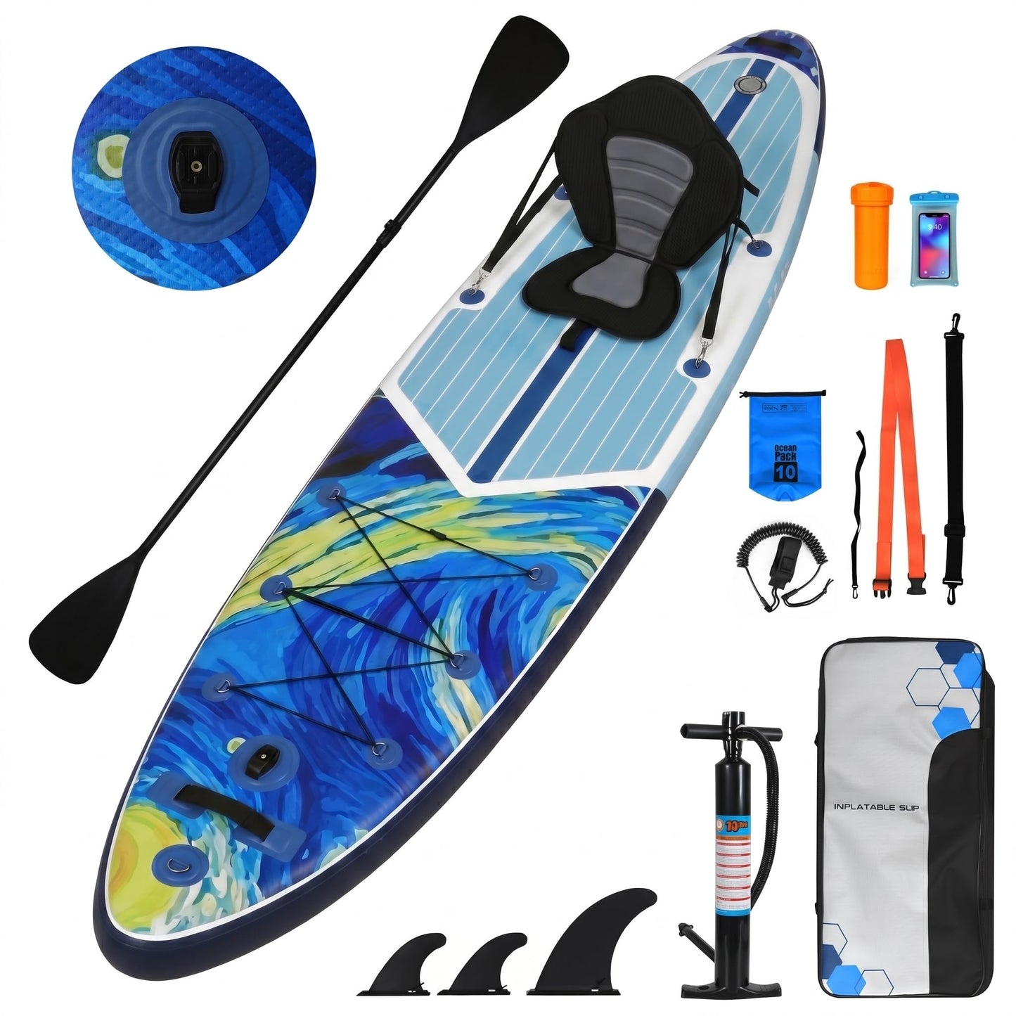 YUSING Inflatable Paddle Board with Seat, 11' x 33'' x 6" SUP, Paddle Boards for Adults, Non-Slip Deck SUP Paddle Board with Premium Kayak and SUP Accessories,3 Removable Fins (Starry Sky Blue)