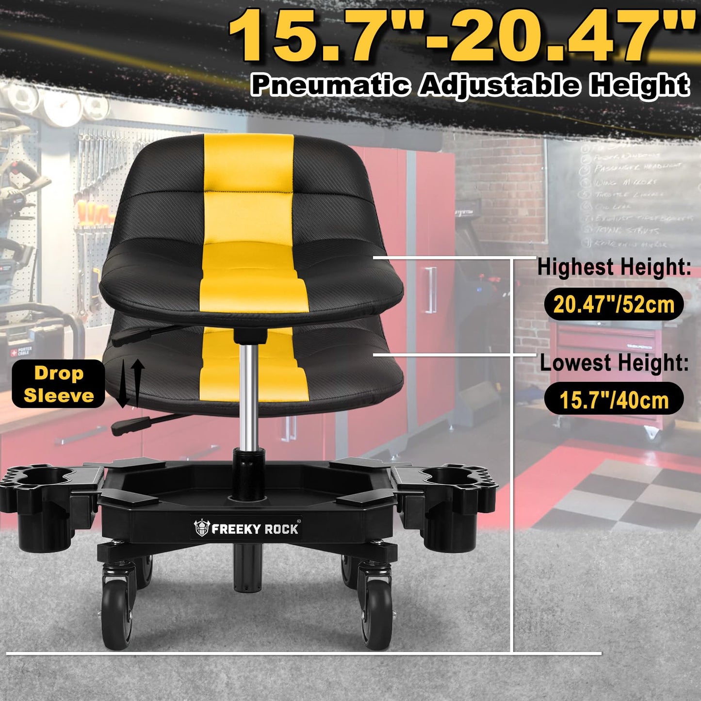 FREEKYROCK Rolling Stool with Wheels, Adjustable Height Pneumatic Garage Work Mechanic Stool Seat with Backrest, 400 LBS Capacity 360° Swivel Mechanic Crepper Chair with Tool Tray Storage, Yellow