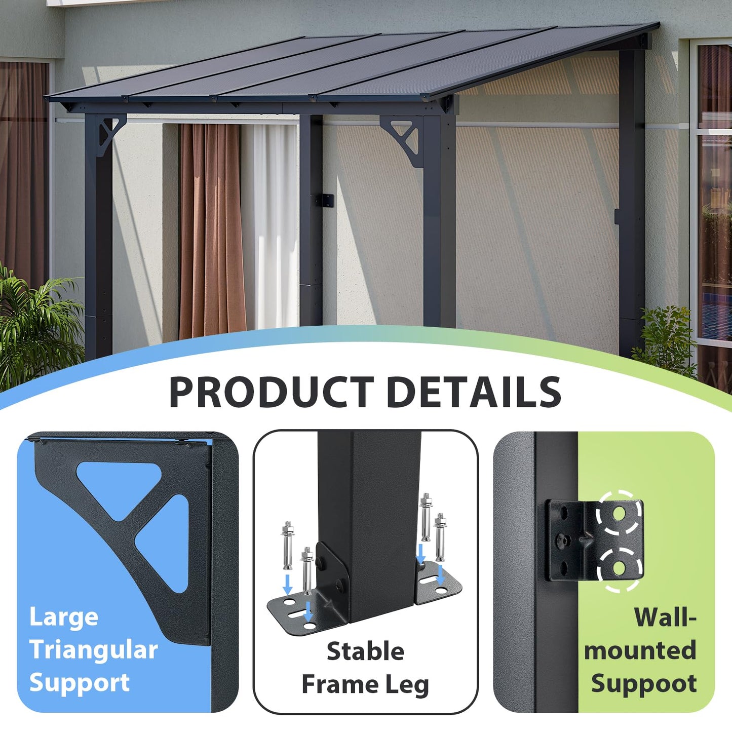 Aoxun 8’x 5’ Premium Gazebo with Aluminum Top Frame & Polycarbonate Panel, Wall Mounted Gazebos Pergola, Outdoor Patio Lean to Gazebo, Awnings with Sloped Roof, for Backyard, Porch, Deck