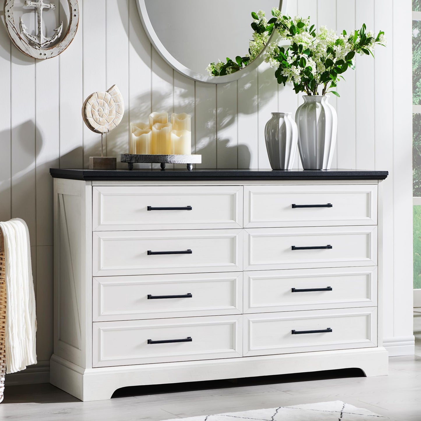 ACCOHOHO Farmhouse 8 Drawers Dresser Chests for Bedroom,52" Wide Wood Rustic Chest of Drawers with Metal Handle,Natural Texture,Drawer Organizer for Bedroom,Living Room,Hallway Entryway,Antique White