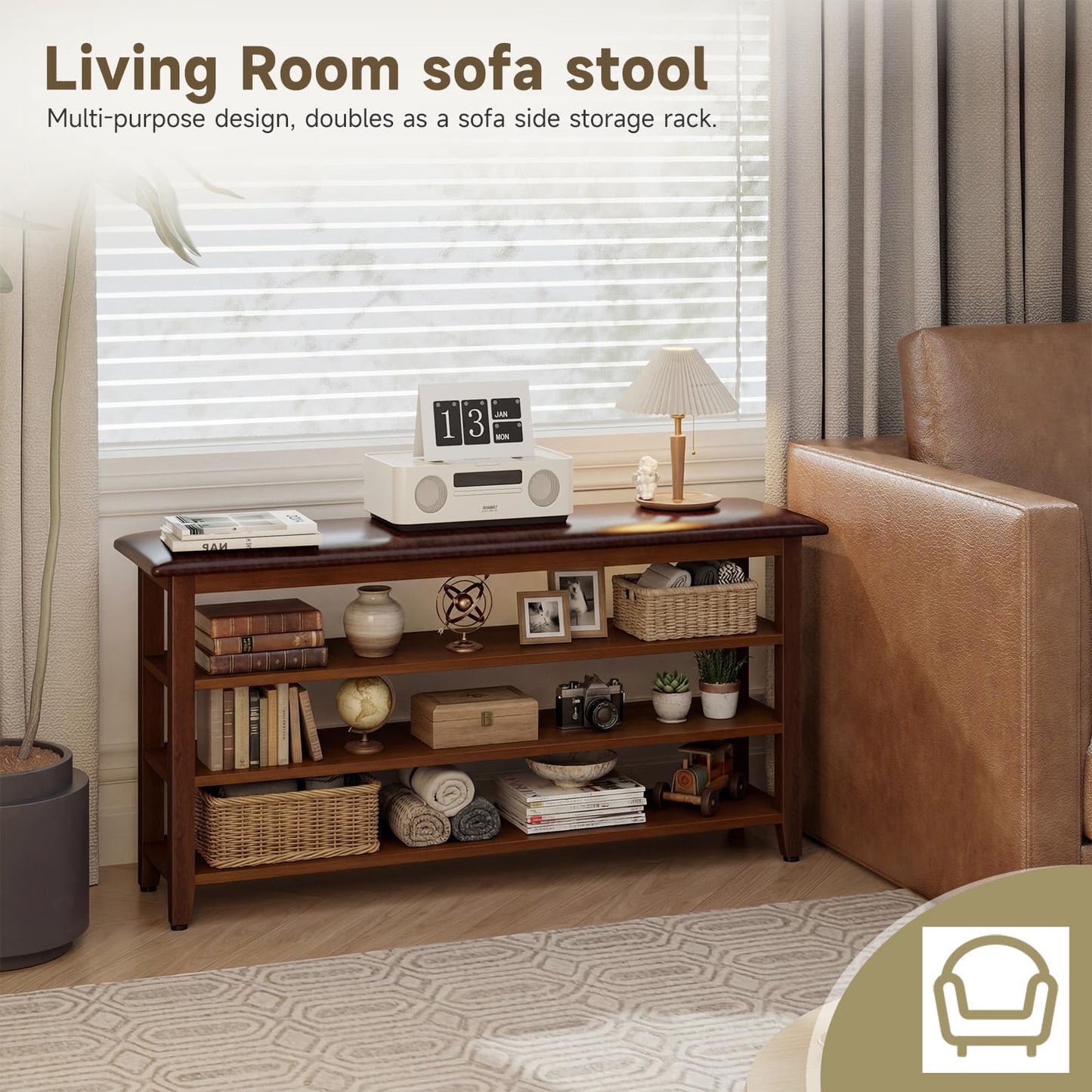 Vellzeyce Shoe Bench with Leather Cushion,Wood Bench with Shoe Rack,3-Tier Shoe Storage Organizer for Entryway,Hallway,Living Room (Brown, 3-Tier-47.3")