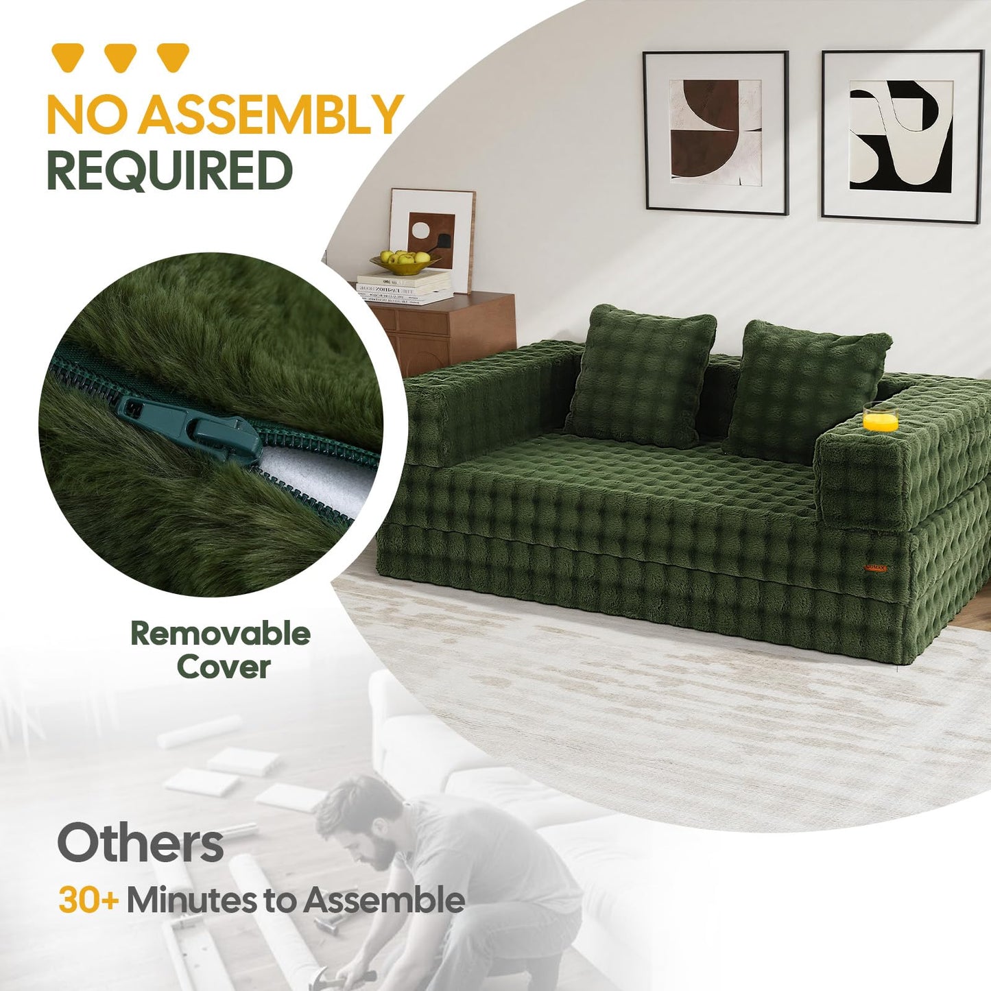 COMAX Futon Sofa Bed, 4‑in‑1 Convertible Sofa Bed, Folding Boneless Couches for Living Room, Fold Out Small Foldable Loveseat Floor Sleeper Comfy Mattress Lounge Space‑Saving, Classic Green