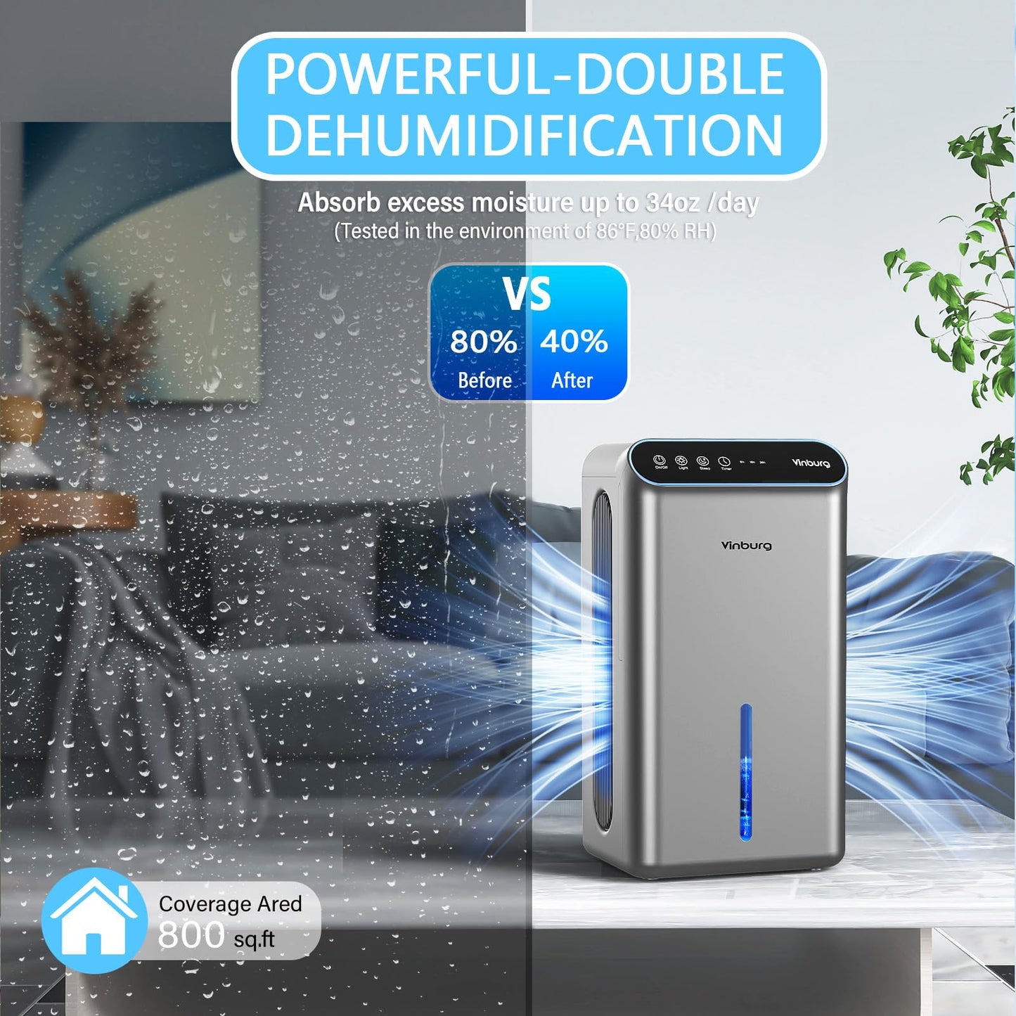 Dehumidifier for Basement (85 OZ, 800 sq ft) Quiet Dehumidifiers for Home, Auto Shut-Off, Sleep Mode, 3 Gear Timer(8H,16H,24H), Small Dehumidifier for Bedroom, Bathroom with Drain Hose(Milky Sliver)