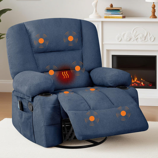 Oversized Swivel Rocker Recliner Chair for Adult,360° Swivel Rock Recliner with Massage&Heating,Extra Wide Manual Recliners, Upholstery Overstuffed Soft Rocking Sofa Chair