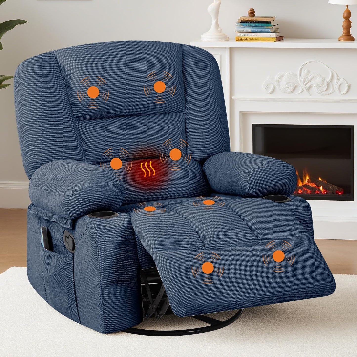 GarveeHome Oversized Wide Recliner Chair-Heat and Vibration Massage, 360° Swivel Rocker Chair for Adults,Chenille Fabric Manual Recliner with Cup Holders & Side Pocket for Living Room, Bedroom,Blue