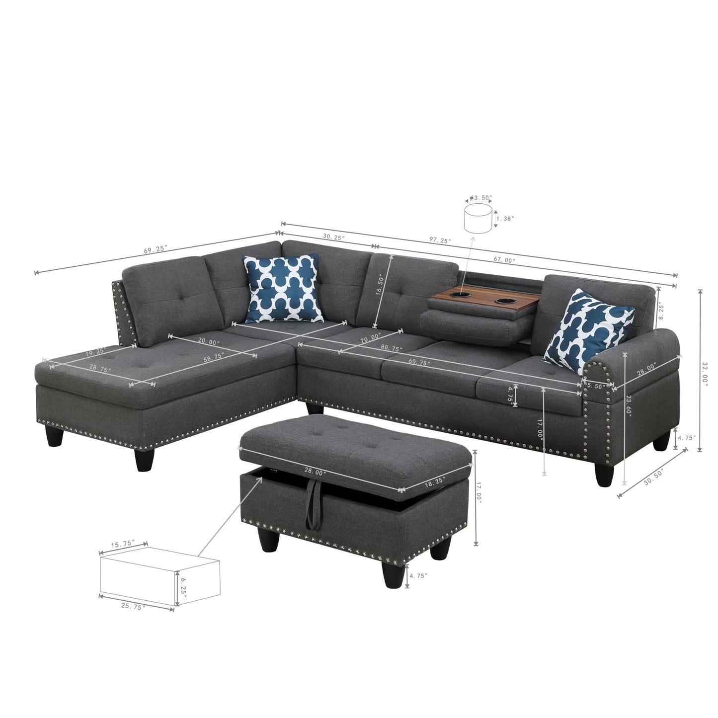 Ball & Cast 98" L Shaped Modular Sectional Couch for Living Room with Chaise & Storage Ottoman,4 Seat Linen Upholstered Sectional Sofa Set 3 PCS W/Cup Holders & Coffee Table,for Home,Office,Dark Gray