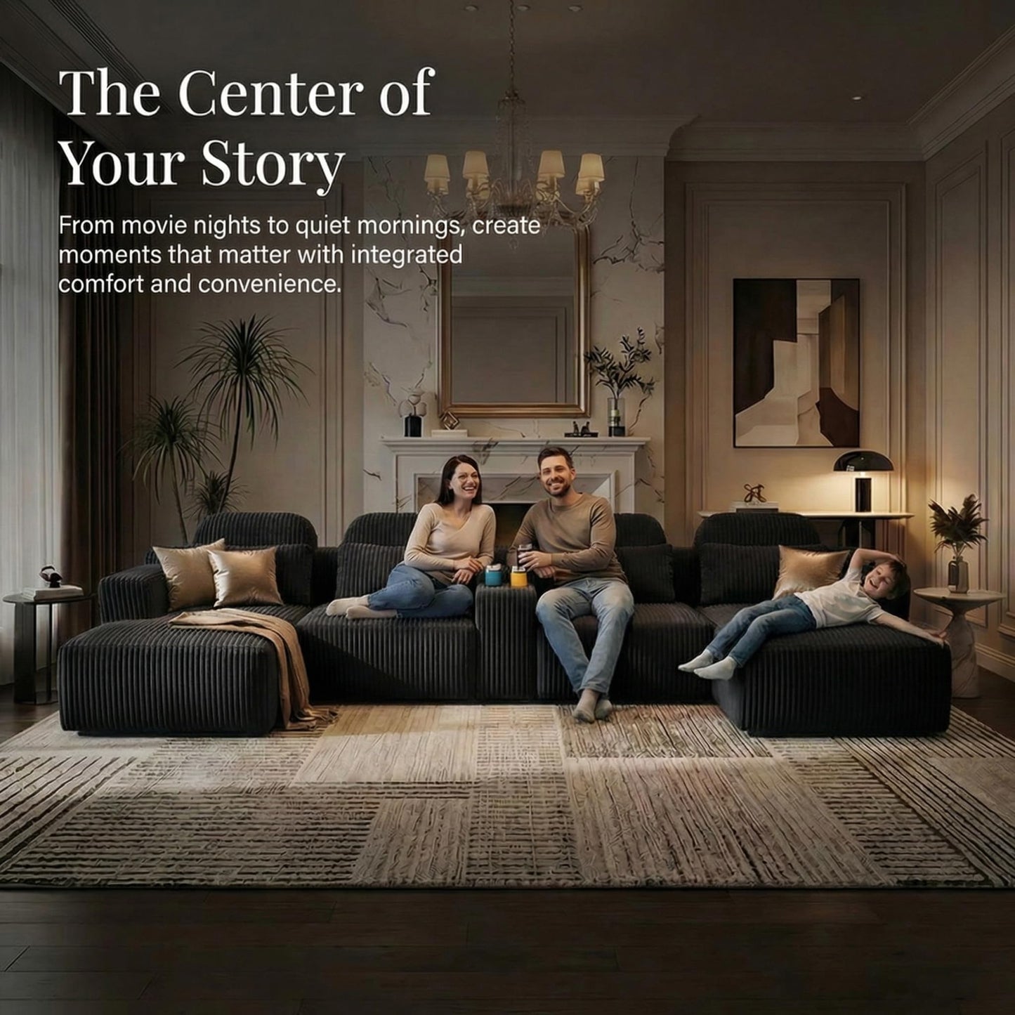 KEIKI Modular Sectional Cloud Couch for Living Room - 143" 6 Seater Convertible Velvet Couches Set with Ottoman, No Assembly Compression Sofa, Soft Floor Sofa with Chaise Lounge & Cup Holders, Coffee