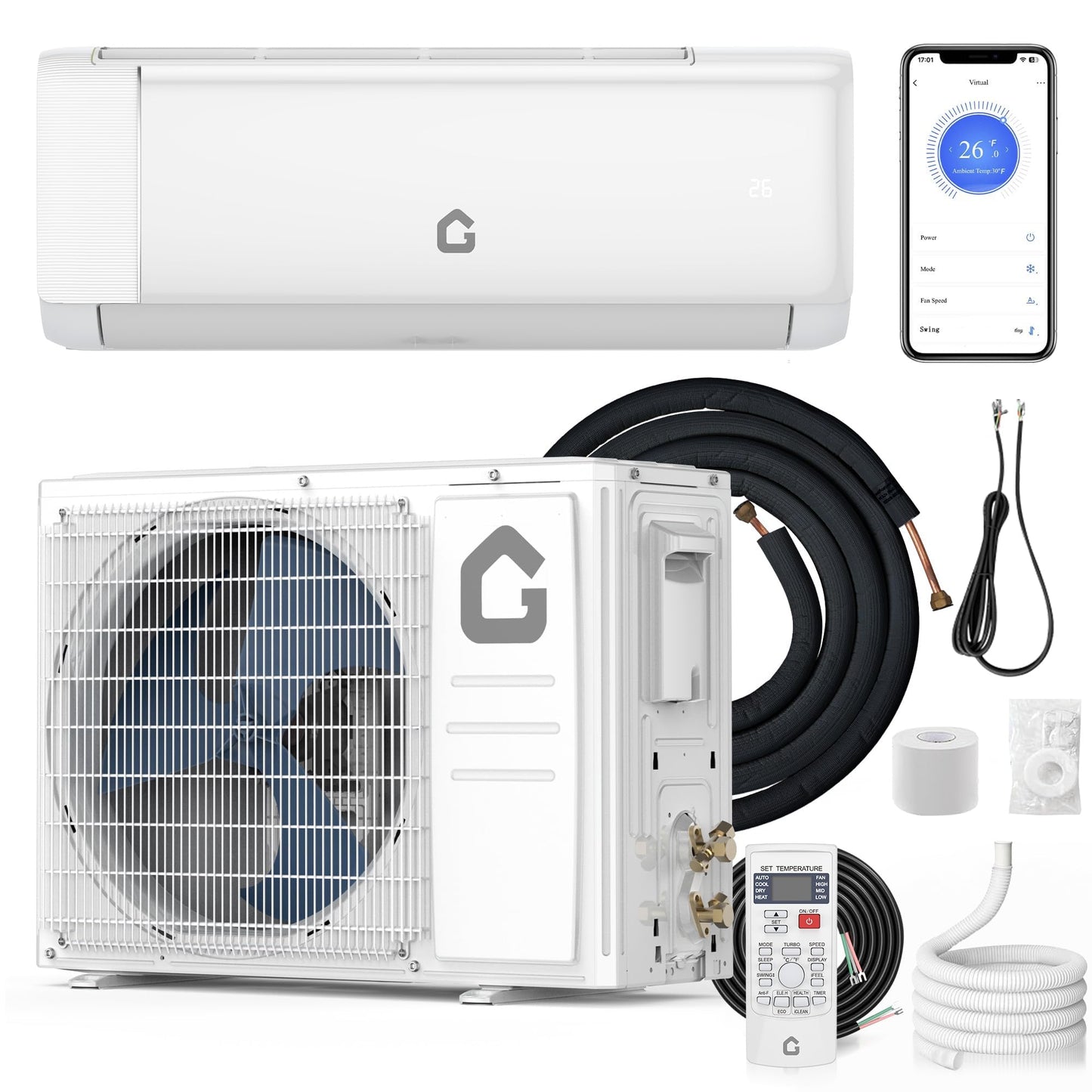 12000 BTU Mini Split Air Conditioner& Heater, 21 SEER2, Cools 750 Sq.Ft, Alexa Compatible, Inverter Tech Ductless Air Conditioner with WiFi & Remote Control/Self Cleaning/Installation Kit, 230V