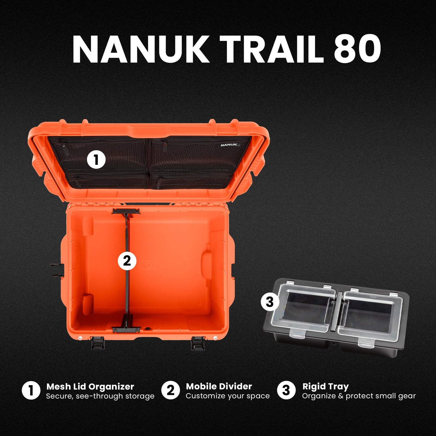 NANUK Trail 80 – 79L (20.9-Gallon) Waterproof Storage Box – Wheeled & Modular Cargo Case for Camping, Fishing, Hunting & Outdoor Storage – Dustproof and Impact Resistant (25.4” x 20” x 14.5”) – Orange