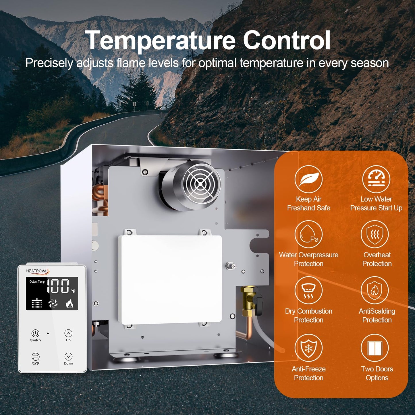 RV Tankless Water Heater,Heatrova 65,000 BTU Propane On-Demand Instant Hot Water Heater, 3.9 GPM, 12V DC Powered, CSA Approved, Remote Controller, Fits 15x15, 15x18 & 18x18 RV Doors