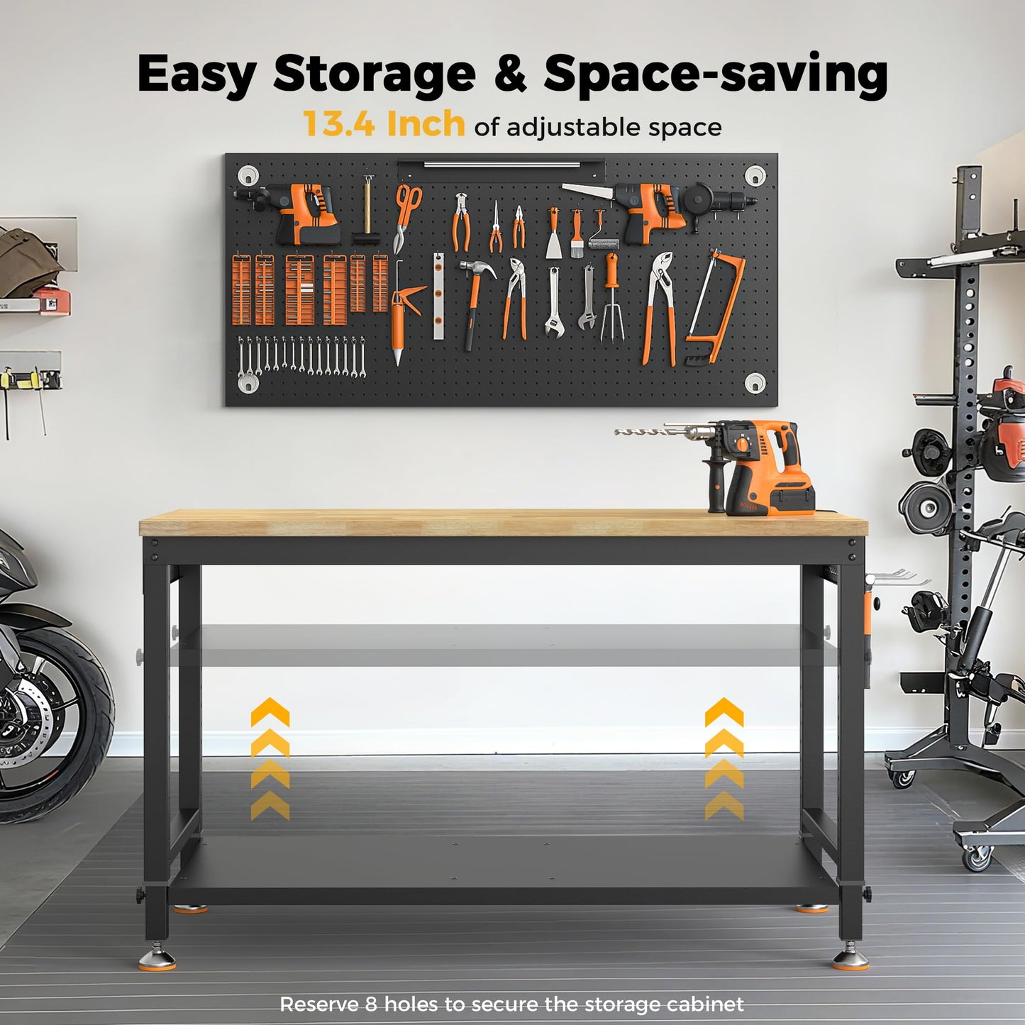 CAMMOO 48" Heavy Duty Work Bench Adjustable Height Max Load 2000 LBS with Storage Shelf for Garage Workbench, Rubberwood Tabletop with Pegboard, LED Light, Built-in Power Strip for Woodworking Shop