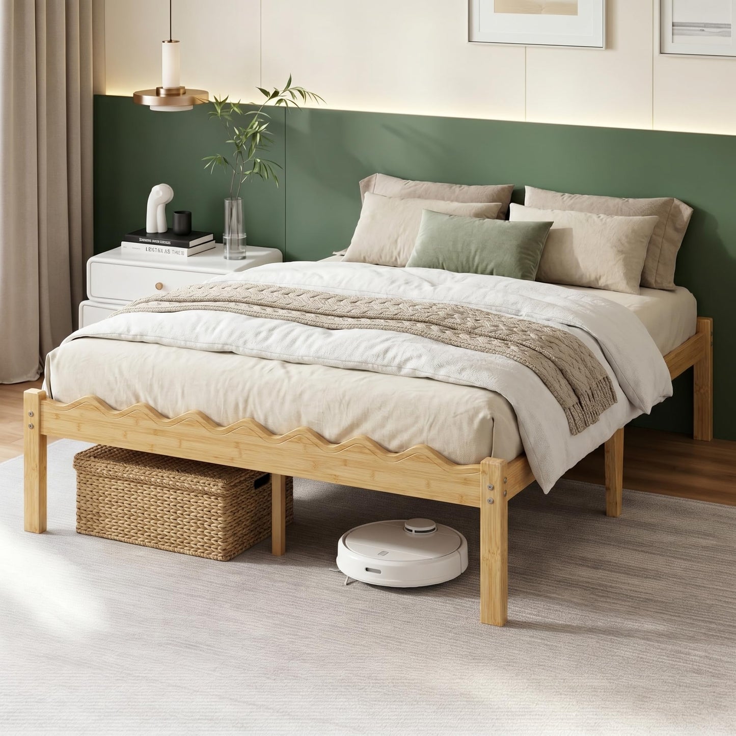 Askeld 14 Inch Solid Wood Queen Size Platform Bed Frame, Heavy Duty Farmhouse Style Bamboo Queen Bed Frame No Box Spring Needed, Noise-Free, Easy Assembly