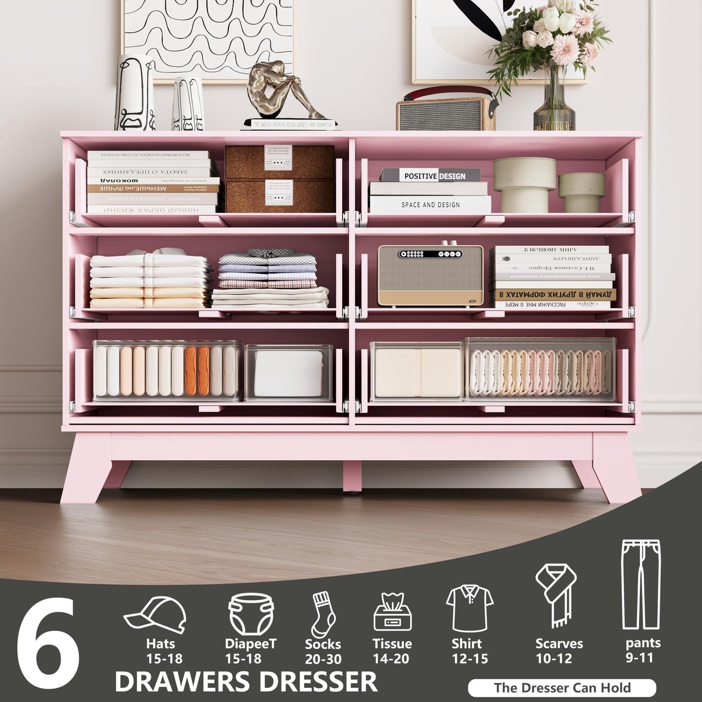 6 Drawer Dresser for Bedroom, Fluted Dressers Chest of Drawers with Gold Handle, Mid Century Modern Dresser for Closet, Wood Closet Storage Organizer Furniture for Bedroom, Living Room, Hallway, Pink