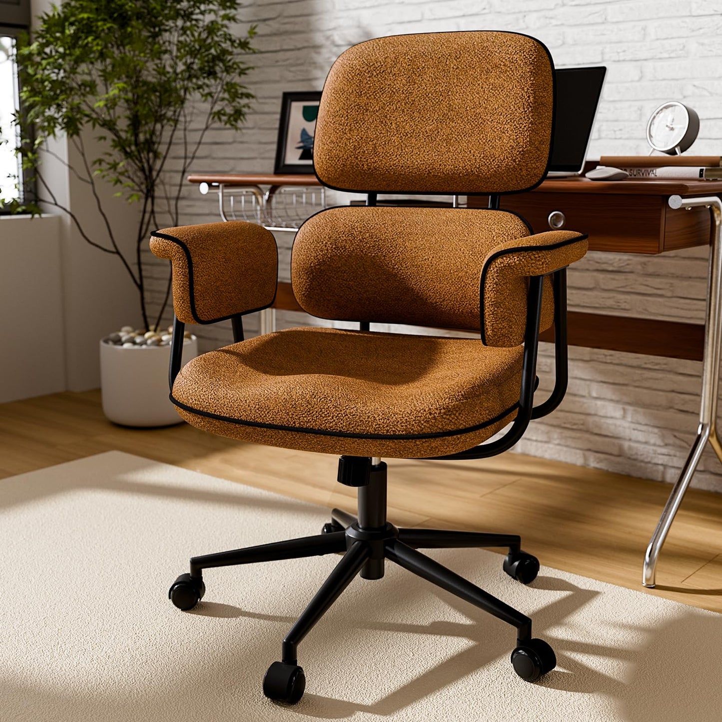 HomeZeer Brown Office Chair with Memory Foam Cushion, Fabric Office Chair with Wheels and Arms, Mid Century Modern Desk Chair with Adjustable Height and Granular Linen