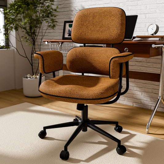 HomeZeer Brown Office Chair with Memory Foam Cushion, Fabric Office Chair with Wheels and Arms, Mid Century Modern Desk Chair with Adjustable Height and Granular Linen