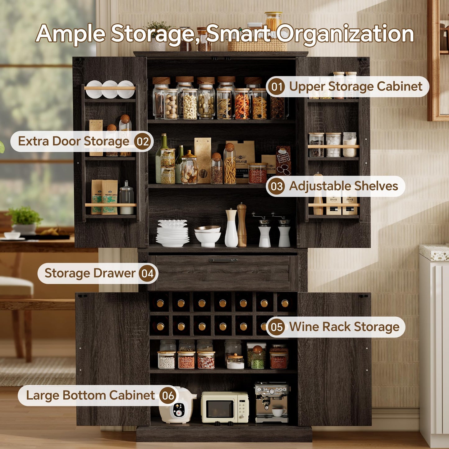 Ball & Cast Farmhouse Kitchen Pantry Cabinet, Brown, 71 Inch