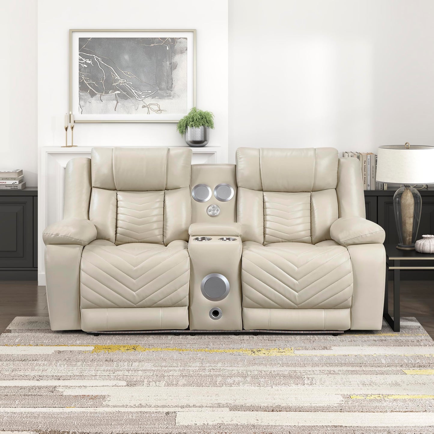 Lexicon Wall Hugger Power Double Reclining Loveseat with Console, Faux Leather Home Theater Seating with LED Lighting, Charging Ports, Bluetooth Speaker Wireless, Cup Holders, Hidden Storage, Beige