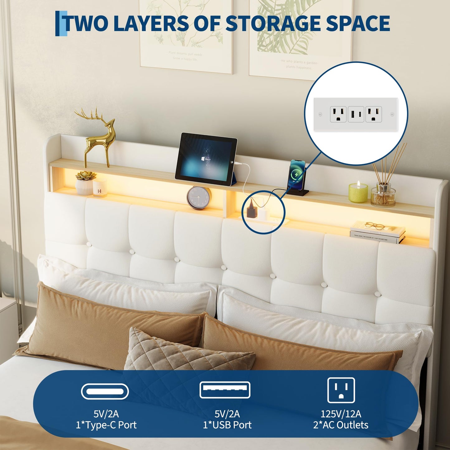 Garvee Queen Size Bed Frame with 2 Storage Drawers, Upholstered Bed Frame Queen with LED Light, Double-Layer Bedside Headboard with Charging Socket and USB Port, Soft Plush Fabric, White