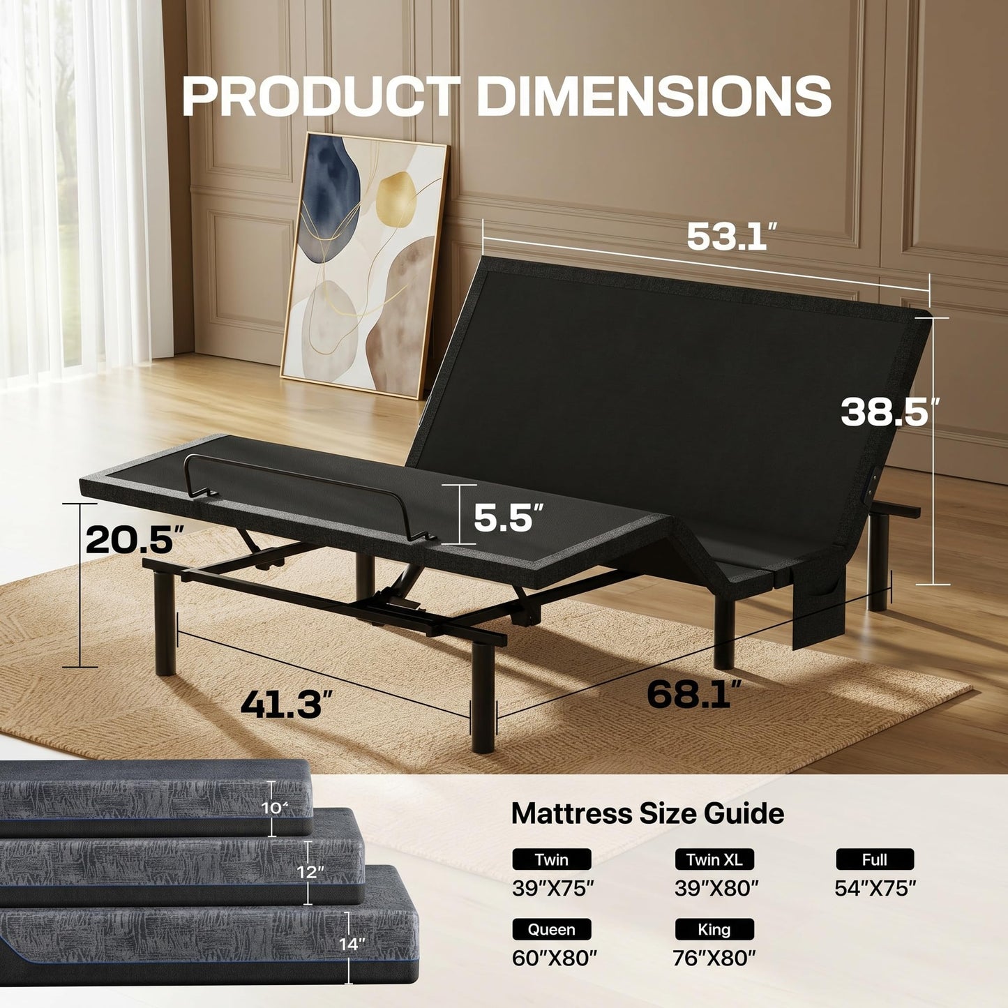 Marsail Queen Adjustable Bed Frame, Dual Motor Electric Bed Base with Head and Foot Incline, Zero Gravity, Wireless Remote Control, 4 USB Ports, LED Night Light, Adjustable Height Legs