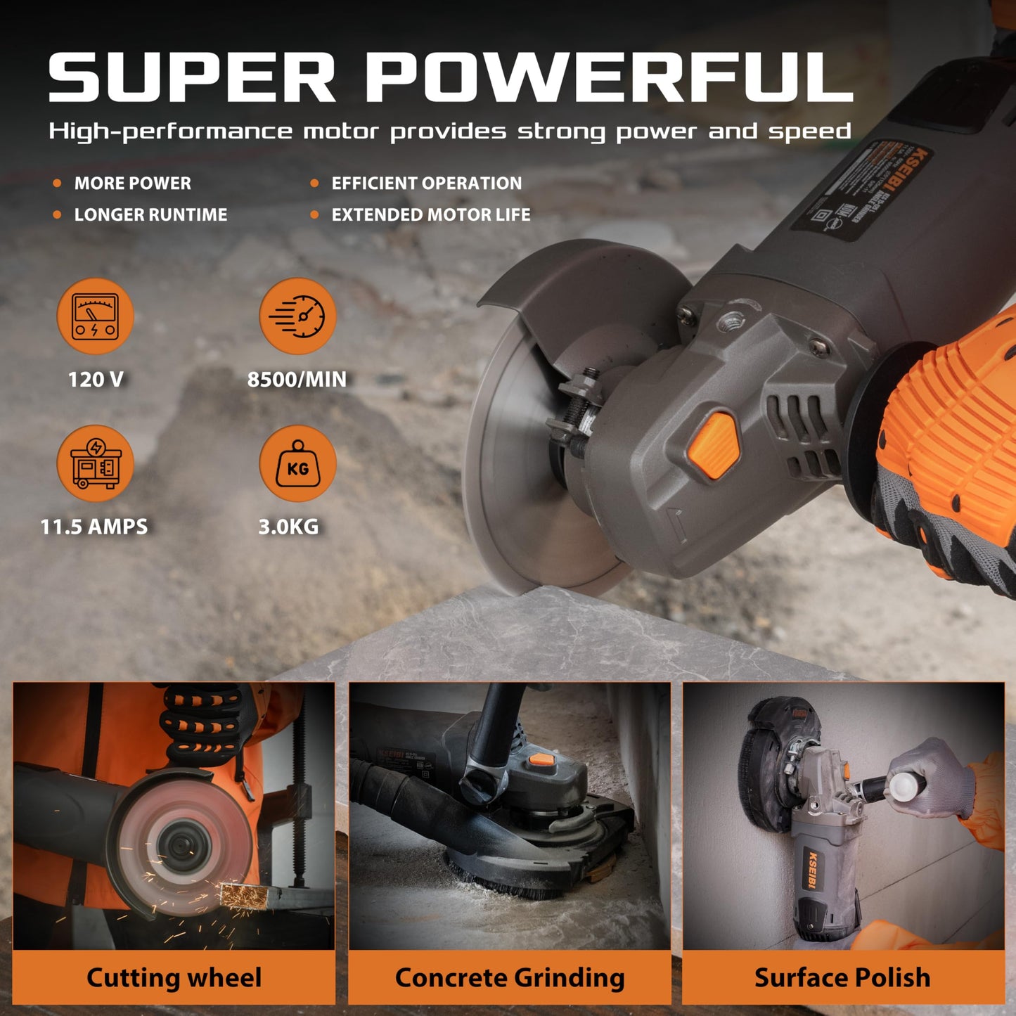 KSEIBI 5-Inch Concrete Angle Grinder, 11.5A 1400W Corded Surface Grinder Kit with Dust Shroud & Diamond Cup Wheel, 8500 RPM Pure-Copper Motor for Cutting Grinding Metal Concrete Brick Tile