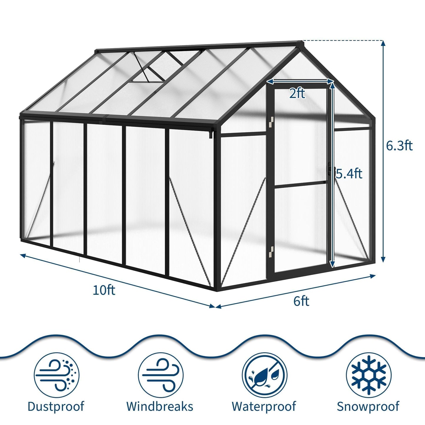 6X10 FT Greenhouse for Outdoors, Polycarbonate Flower Greenhouse with Roof Vent, Push-Pull Lockable Door, Aluminum Walk-in Greenhouses for Outside Garden Backyard, Patio, Lawn, Black