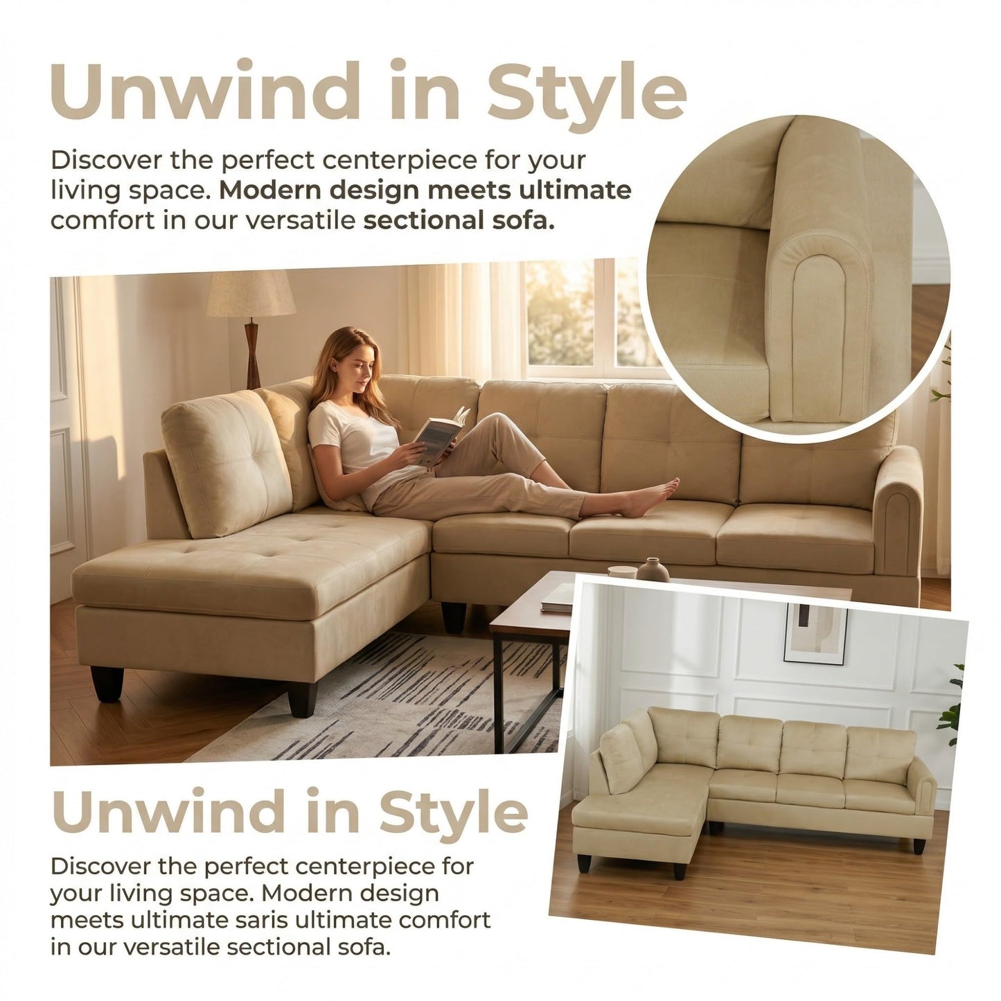 NicBex Comfy Couches for Living Room, 2-Piece 97" L-Shaped Sectional Couch with Movable Chaise, Modern Sofa Living Room Set for Apartment, Office & Bedroom, Beige